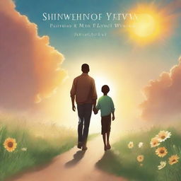 Create a book cover featuring a man and his 16-year-old son walking towards a huge sun in front of them