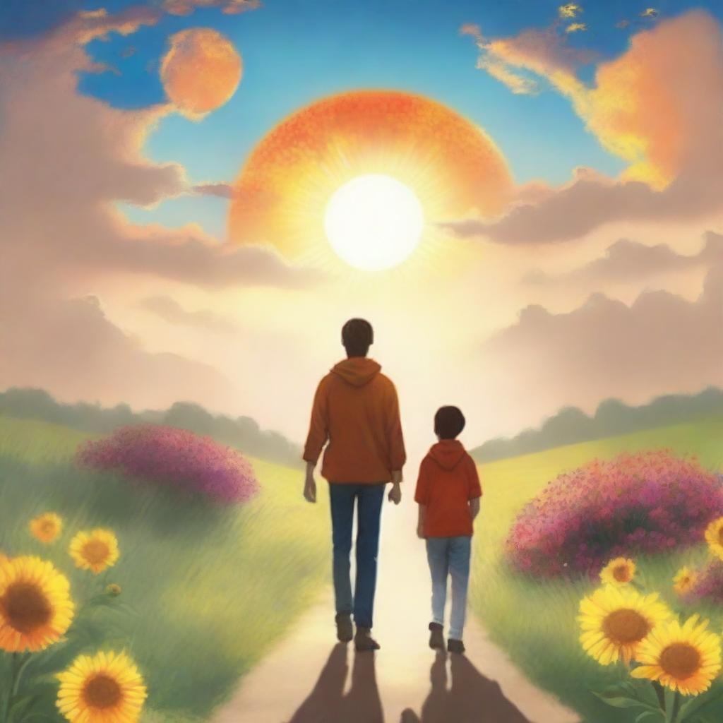 Create a book cover featuring a man and his 16-year-old son walking towards a huge sun in front of them