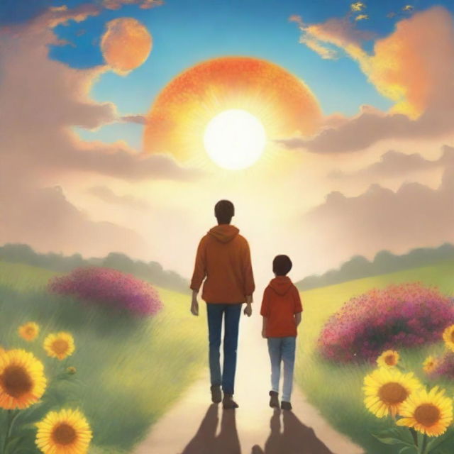 Create a book cover featuring a man and his 16-year-old son walking towards a huge sun in front of them