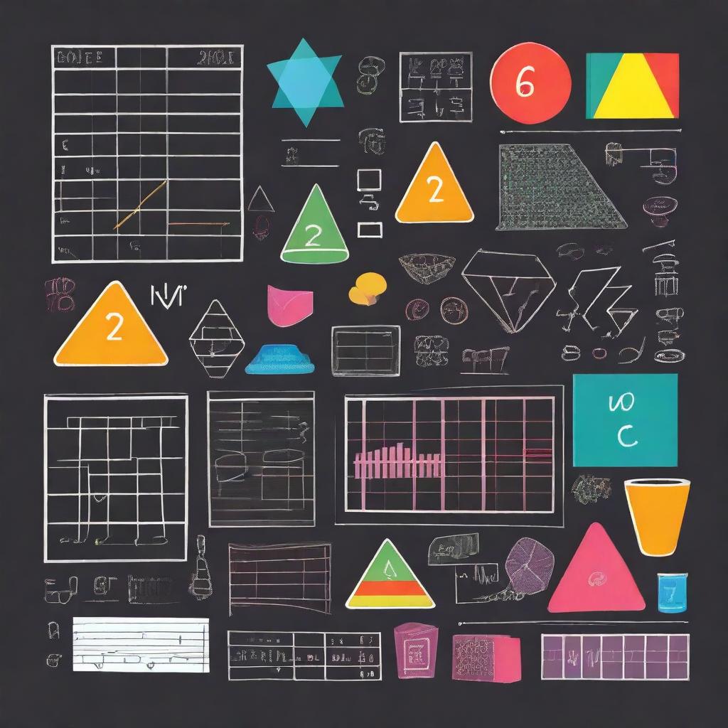 A vibrant and engaging illustration of various mathematics concepts, including algebra, geometry, and calculus, with colorful equations, graphs, and geometric shapes