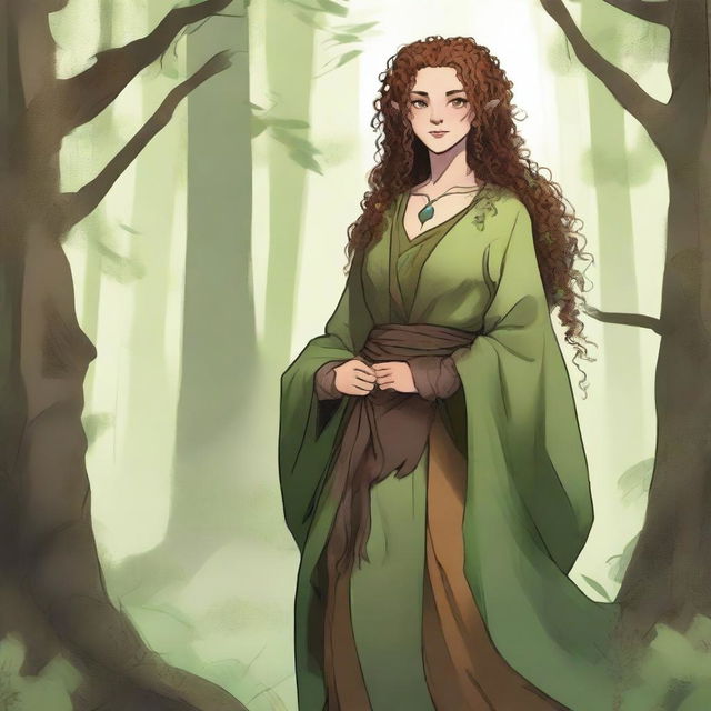 A female Firbolg with curly hair, clothed in garments that blend with nature