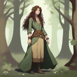 A female Firbolg with curly hair, clothed in garments that blend with nature