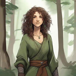 A female Firbolg with curly hair, clothed in garments that blend with nature