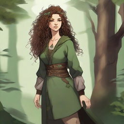 A female Firbolg with curly hair, clothed in garments that blend with nature