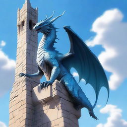 A majestic blue-gray dragon perched on the edge of a tall stone spire, its mouth open in a booming roar