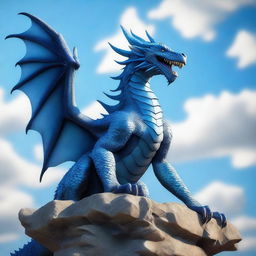 A majestic blue-gray dragon perched on the edge of a tall stone spire, its mouth open in a booming roar