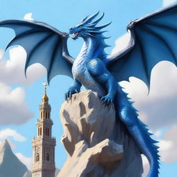 A majestic blue-gray dragon perched on the edge of a tall stone spire, its mouth open in a booming roar