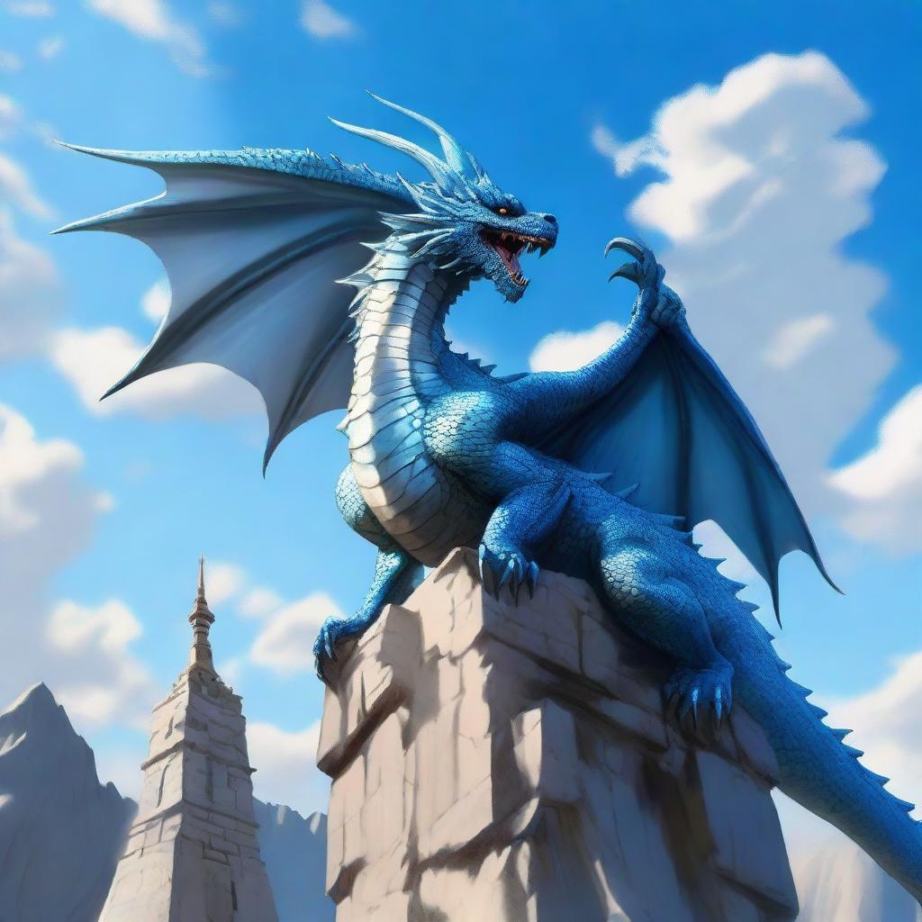 A majestic blue-gray dragon perched on the edge of a tall stone spire, its mouth open in a booming roar