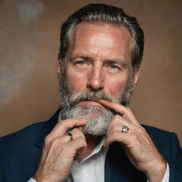 A distinguished 40-year-old man with a full, gray beard, relaxing as he smokes a rich, aromatic cigar.