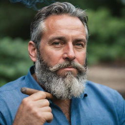 A distinguished 40-year-old man with a full, gray beard, relaxing as he smokes a rich, aromatic cigar.