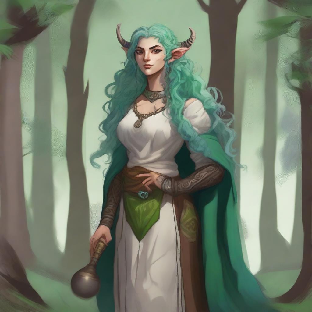 A female Firbolg cleric and priestess with curly green hair and bovine features, including a cow-like nose