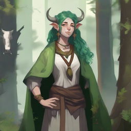 A female Firbolg cleric and priestess with curly green hair and bovine features, including a cow-like nose