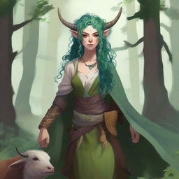 A female Firbolg cleric and priestess with curly green hair and bovine features, including a cow-like nose