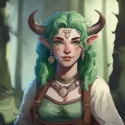 A female Firbolg cleric and priestess with curly green hair and bovine features, including a cow-like nose