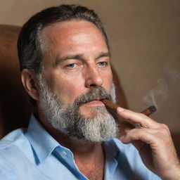 A distinguished 40-year-old man with a full, gray beard, relaxing as he smokes a rich, aromatic cigar.