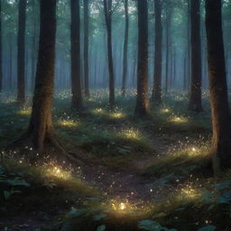 An enchanting twilight scene in a dense, magical forest with glistening fireflies 