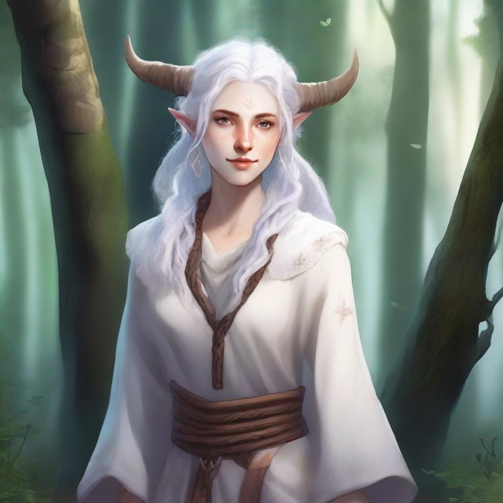 A detailed illustration of a female firbolg cleric with white, curly hair styled in braids