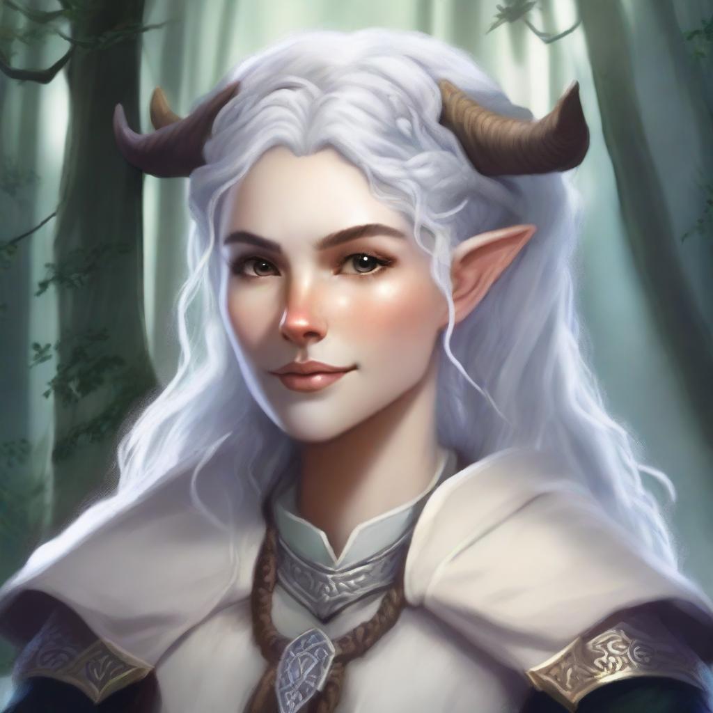 A detailed illustration of a female firbolg cleric with white, curly hair styled in braids