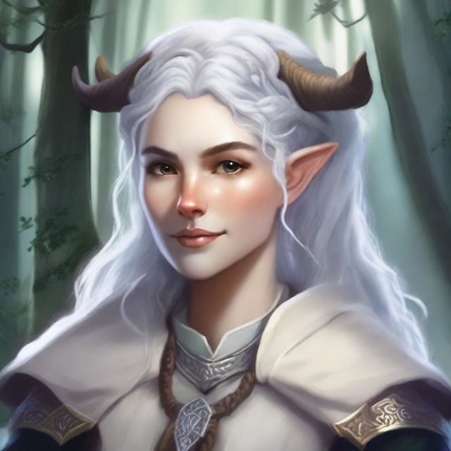 A detailed illustration of a female firbolg cleric with white, curly hair styled in braids