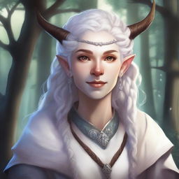 A detailed illustration of a female firbolg cleric with white, curly hair styled in braids