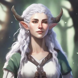 A detailed illustration of a female firbolg cleric with white, curly hair styled in braids