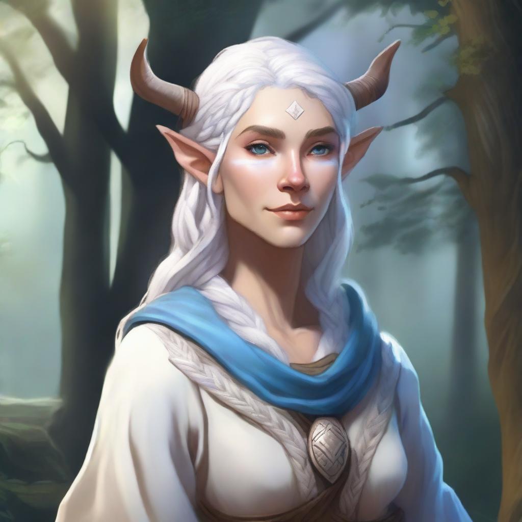 A detailed illustration of a female firbolg cleric with white, braided hair