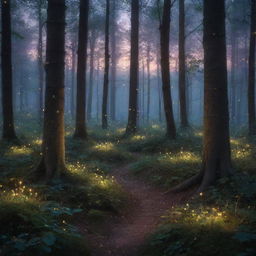 An enchanting twilight scene in a dense, magical forest with glistening fireflies 