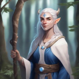 A detailed illustration of a female firbolg cleric with white, braided hair