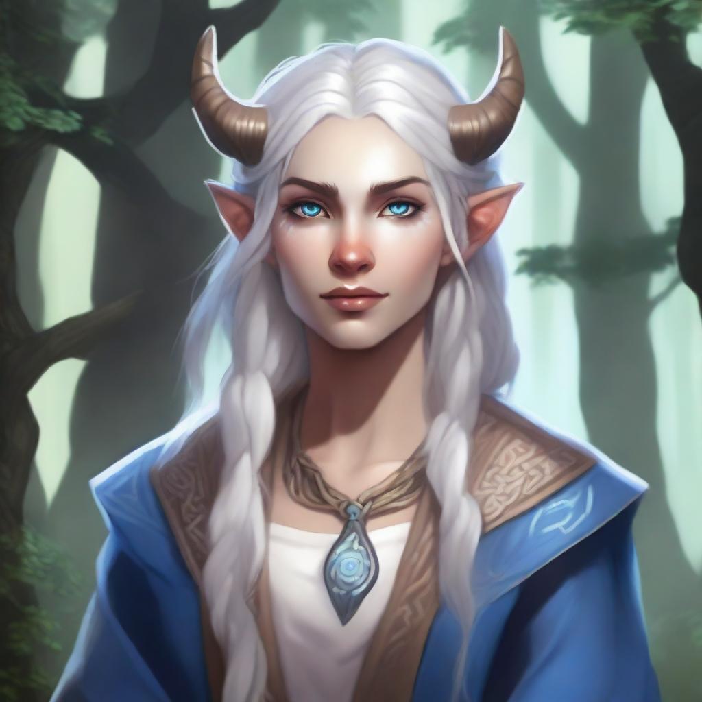 A detailed illustration of a female firbolg cleric with white, braided hair