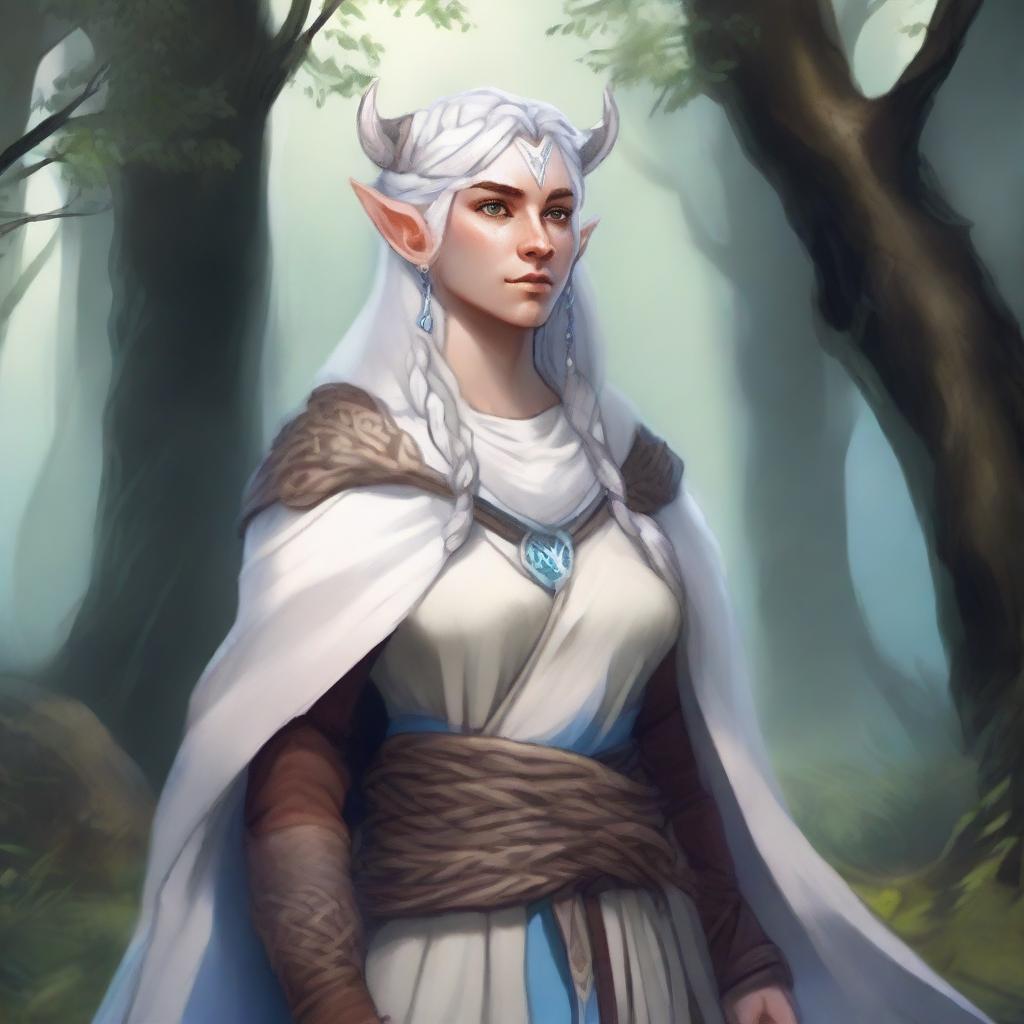 A detailed illustration of a female firbolg cleric with white, braided hair