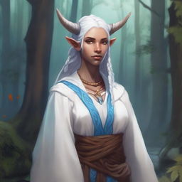 A detailed illustration of a female firbolg cleric with white, braided hair