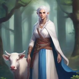 A detailed illustration of a female firbolg cleric with white, braided hair