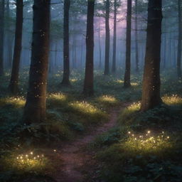 An enchanting twilight scene in a dense, magical forest with glistening fireflies 