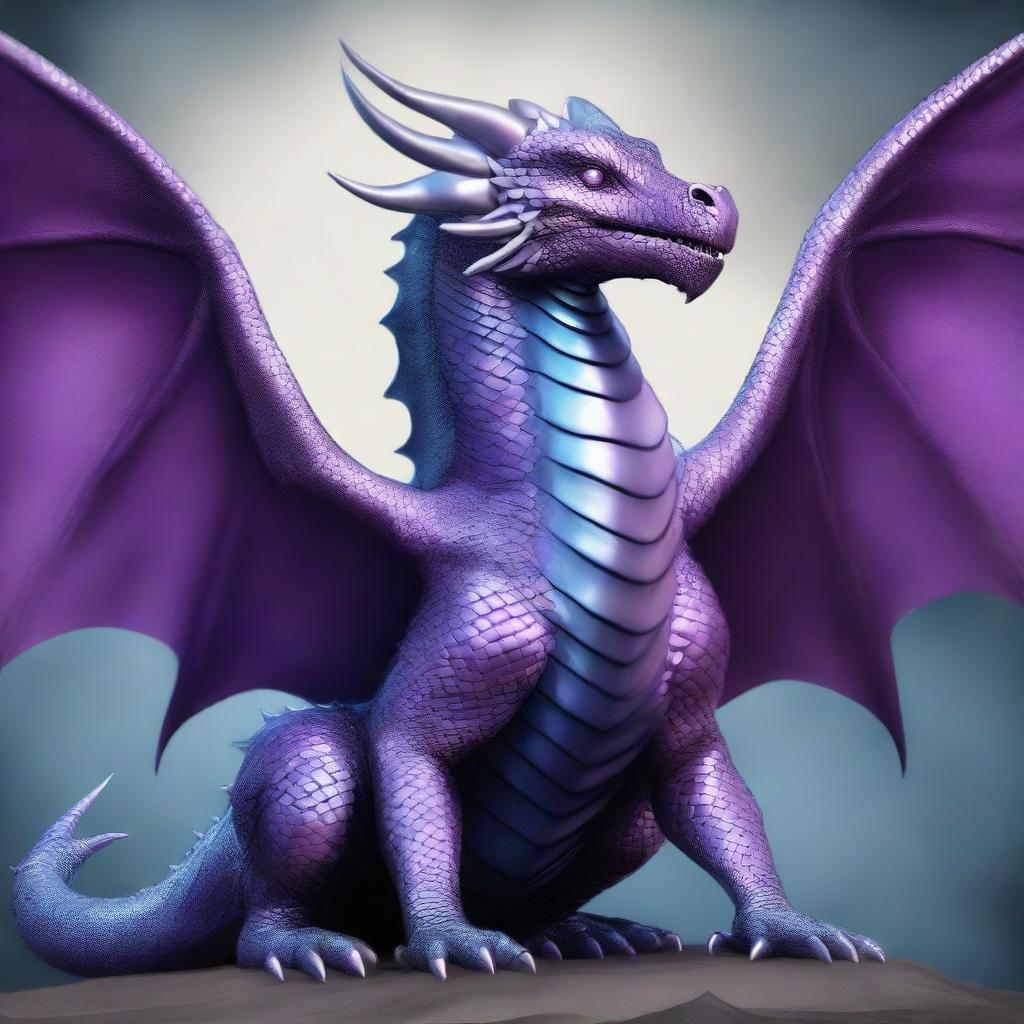 Create a book cover depicting a dragon with pewter scales, large teeth, and super big wings