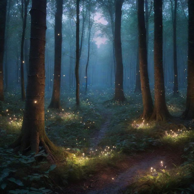 An enchanting twilight scene in a dense, magical forest with glistening fireflies 