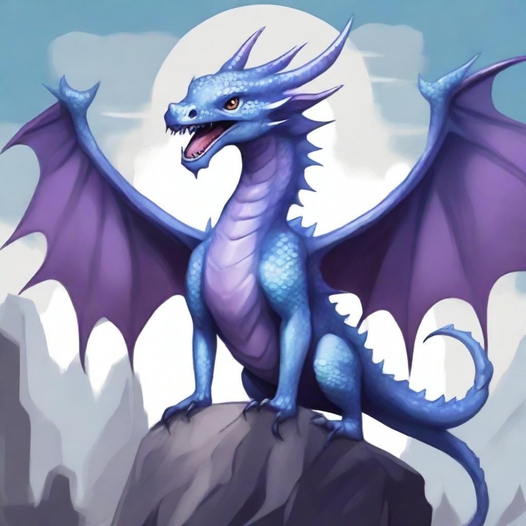 Create a book cover depicting a slender dragon with gray-blue scales, large teeth, and super big wings