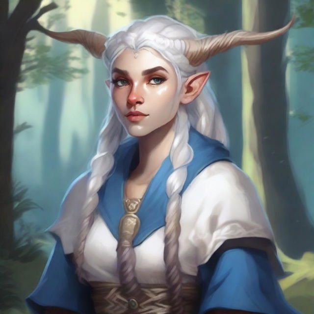 A detailed illustration of a female firbolg cleric with white, braided hair