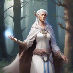 A detailed illustration of a female firbolg cleric with white, braided hair