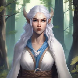 A detailed illustration of a female firbolg cleric with white, braided hair