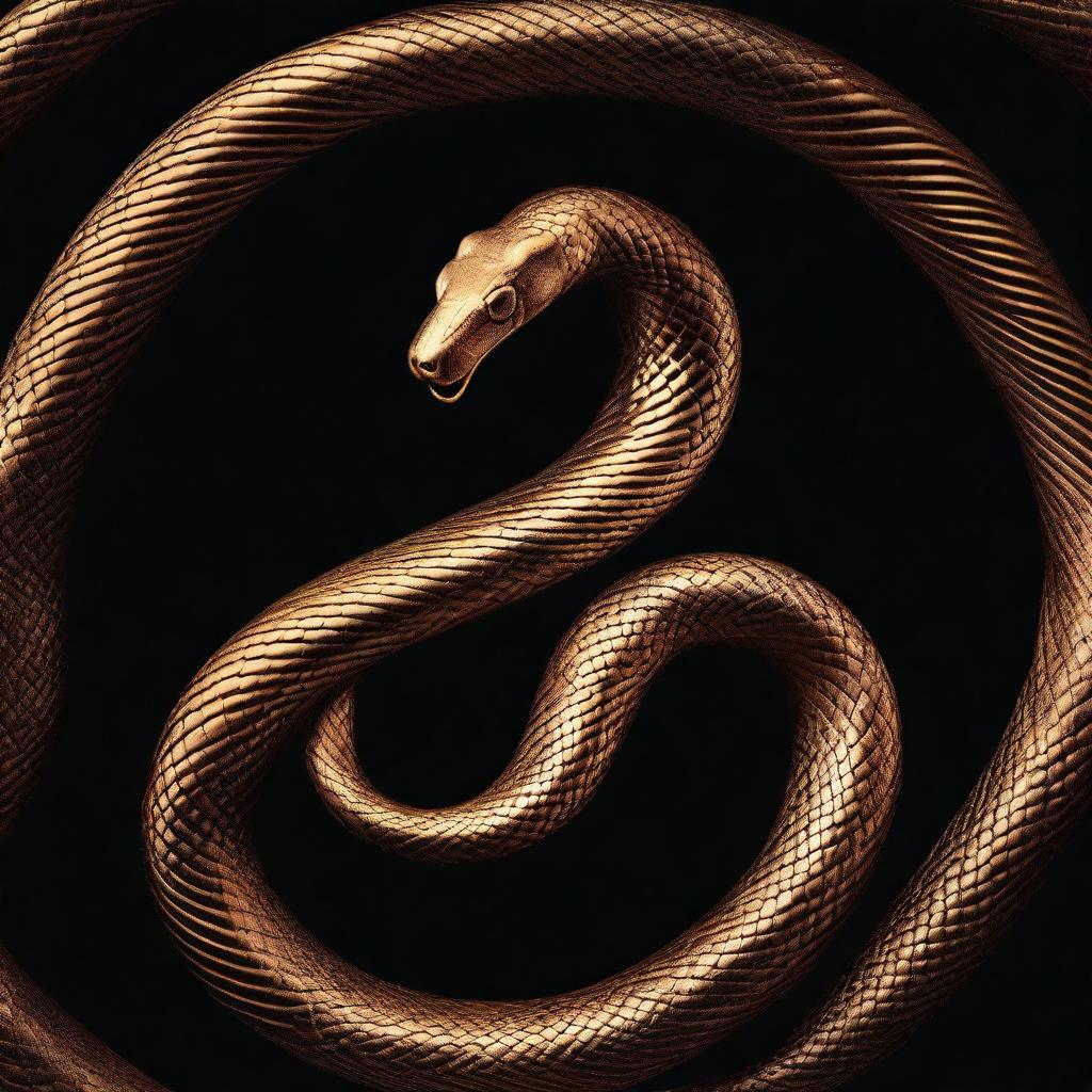 A dark gold and black textured background with a gold snake twisted into a figure 8 shape