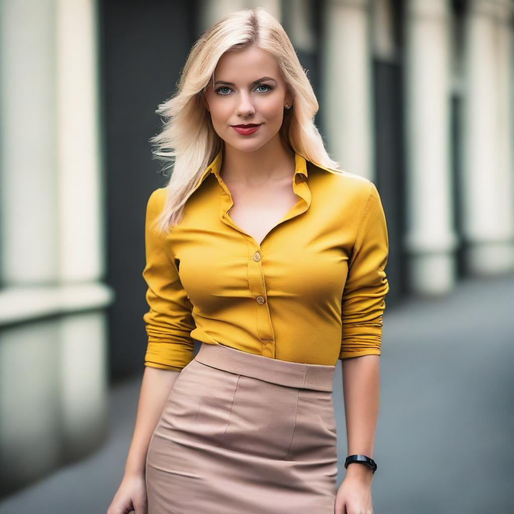 A blonde woman wearing a micro skirt and mini shirt, posing confidently