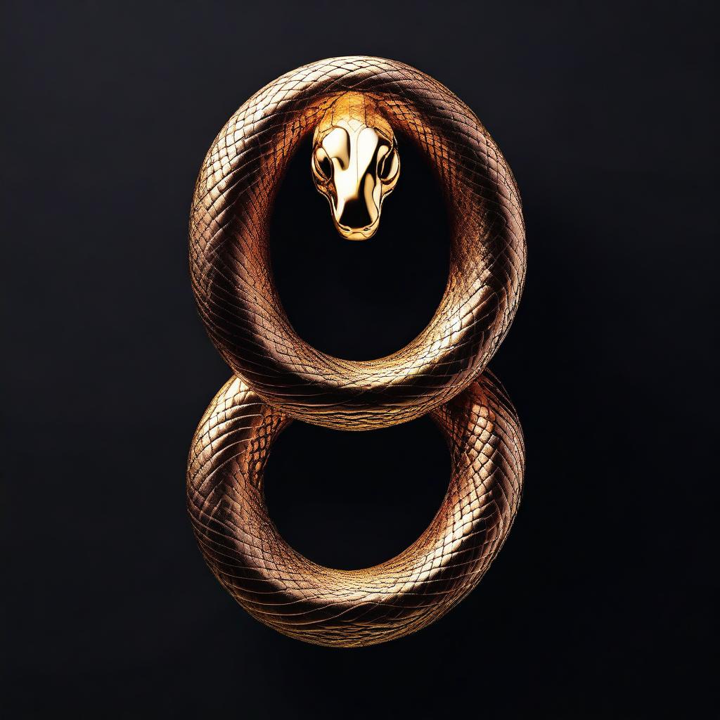 A black textured background with a single, large gold snake twisted into a figure 8 shape