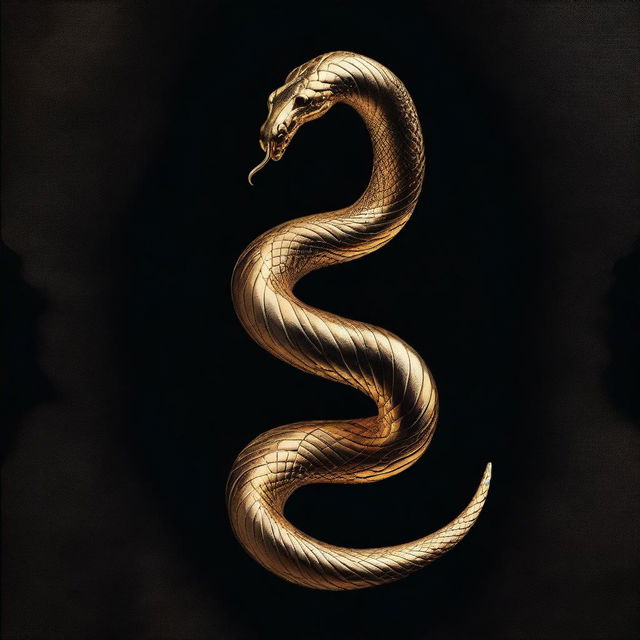 A black textured background with a single, large gold snake twisted into a figure 8 shape