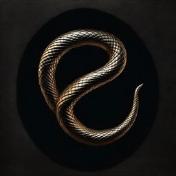 A black textured background with a single, large gold snake twisted into a figure 8 shape