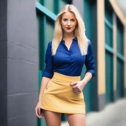 A blonde woman wearing a mini micro skirt and mini shirt, posing confidently in a tasteful and artistic manner