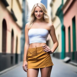 A blonde woman wearing a mini micro skirt and mini shirt, posing confidently in a tasteful and artistic manner