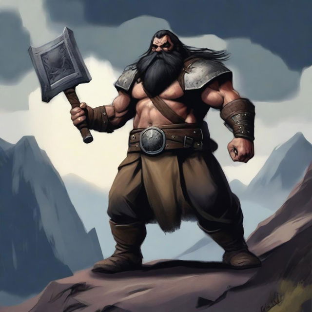 A hill dwarf barbarian man with heavy armor, wielding a greataxe in both hands