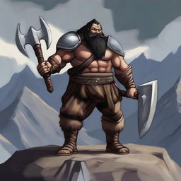 A hill dwarf barbarian man with heavy armor, wielding a greataxe in both hands