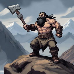 A hill dwarf barbarian man with heavy armor, wielding a greataxe in both hands