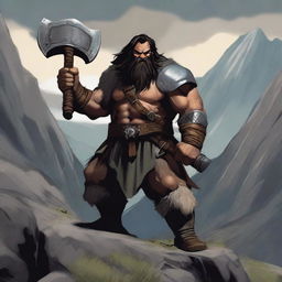 A hill dwarf barbarian man with heavy armor, wielding a greataxe in both hands